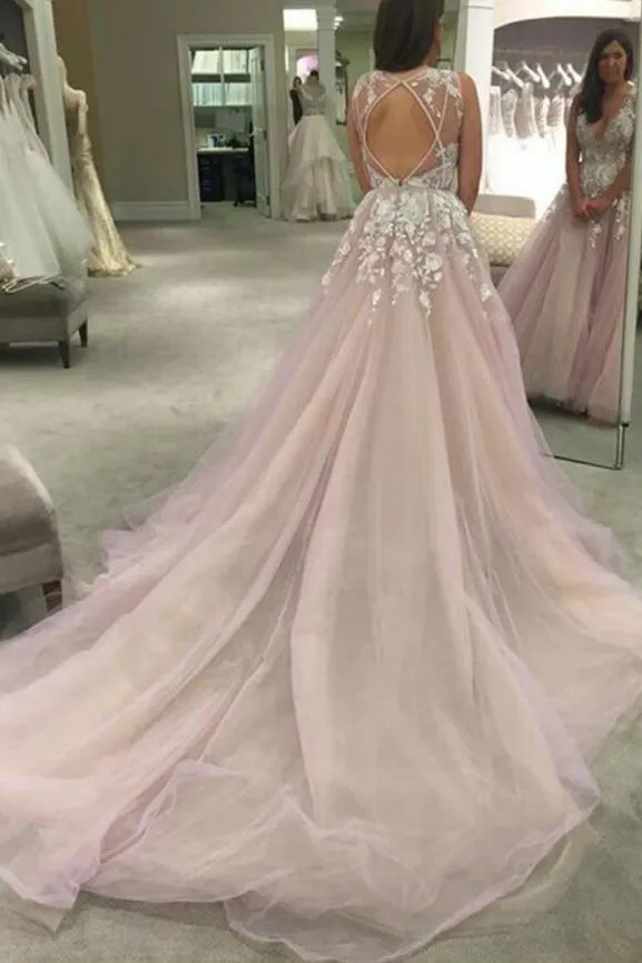 Floral Appliques Blush Tulle Wedding Dress Plunging Neckline Bridal Gown PW326