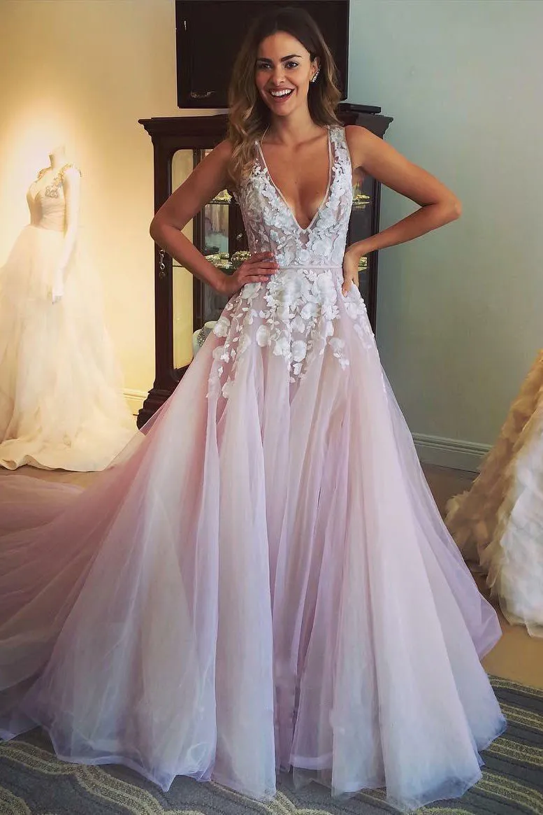 Floral Appliques Blush Tulle Wedding Dress Plunging Neckline Bridal Gown PW326