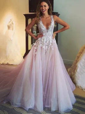 Floral Appliques Blush Tulle Wedding Dress Plunging Neckline Bridal Gown PW326