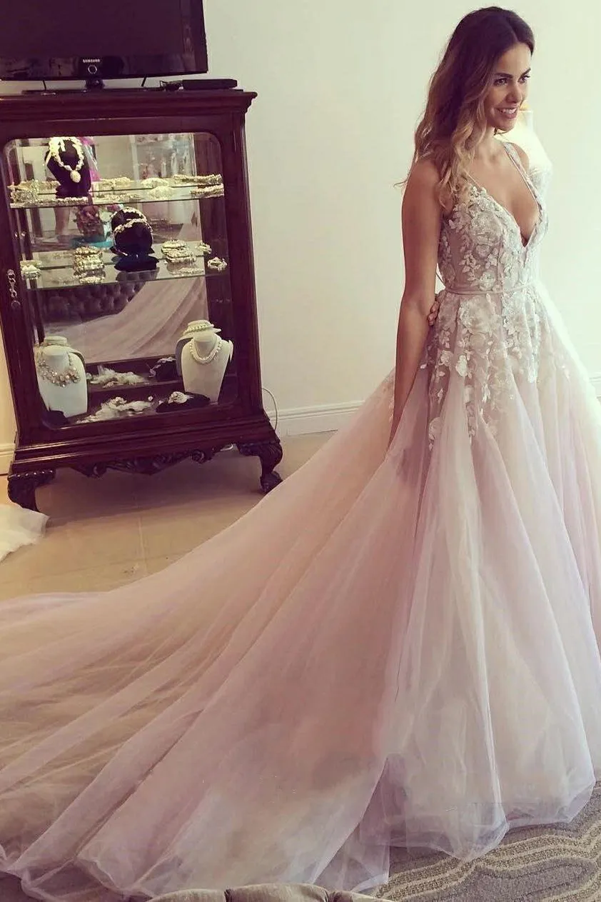 Floral Appliques Blush Tulle Wedding Dress Plunging Neckline Bridal Gown PW326