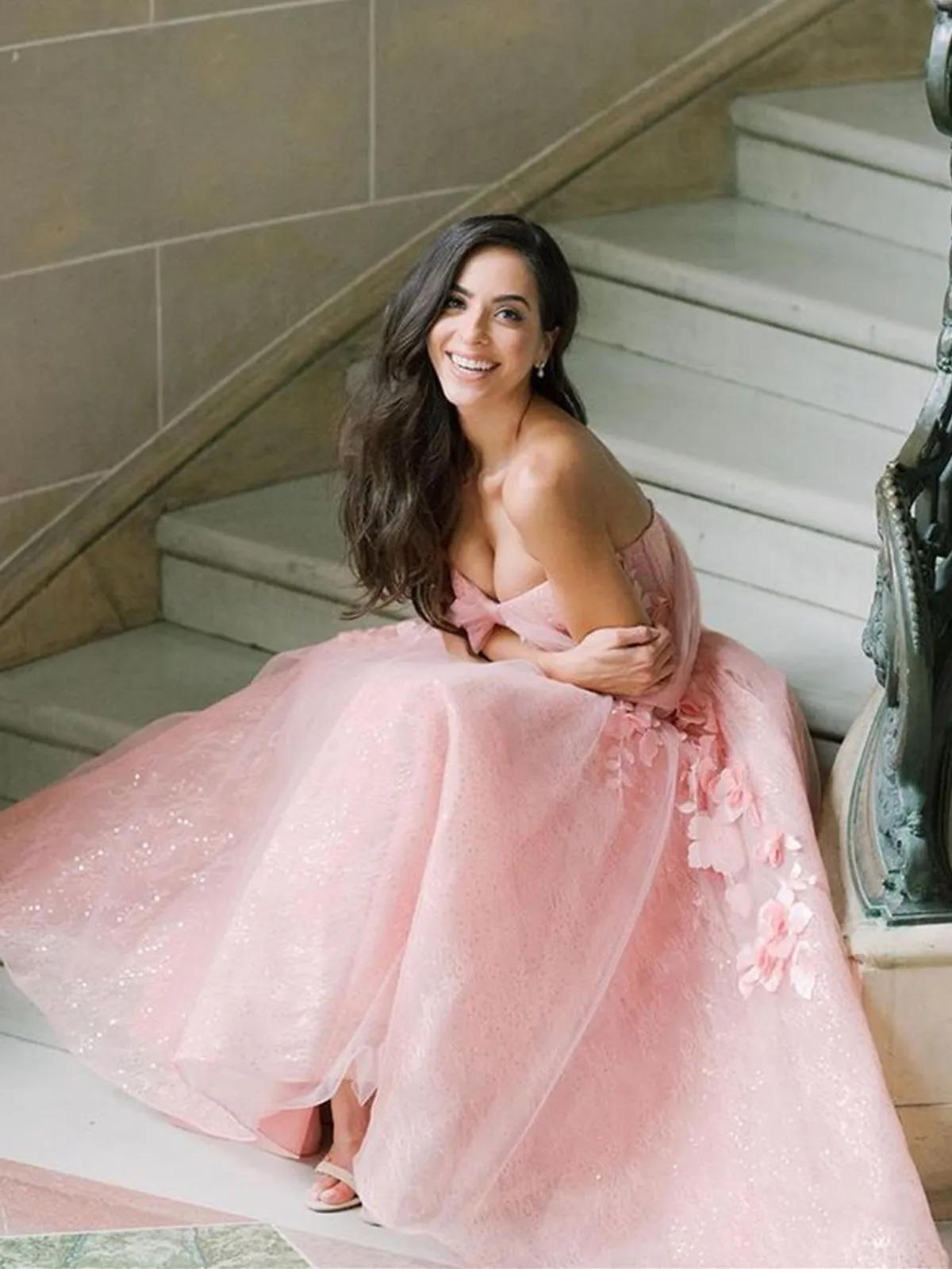 Pink Tea Length Floral Prom Dresses, Pink Tea Length Flower Formal Graduation Dresses
