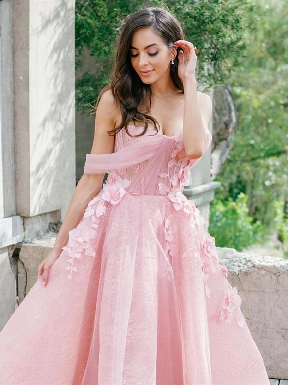 Pink Tea Length Floral Prom Dresses, Pink Tea Length Flower Formal Graduation Dresses