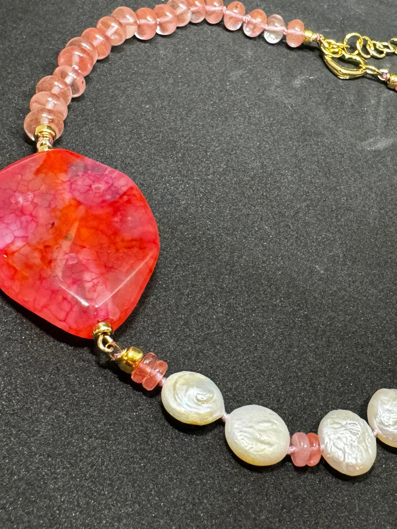 Strawberry Quartz & Coin Pearl Statement Necklace