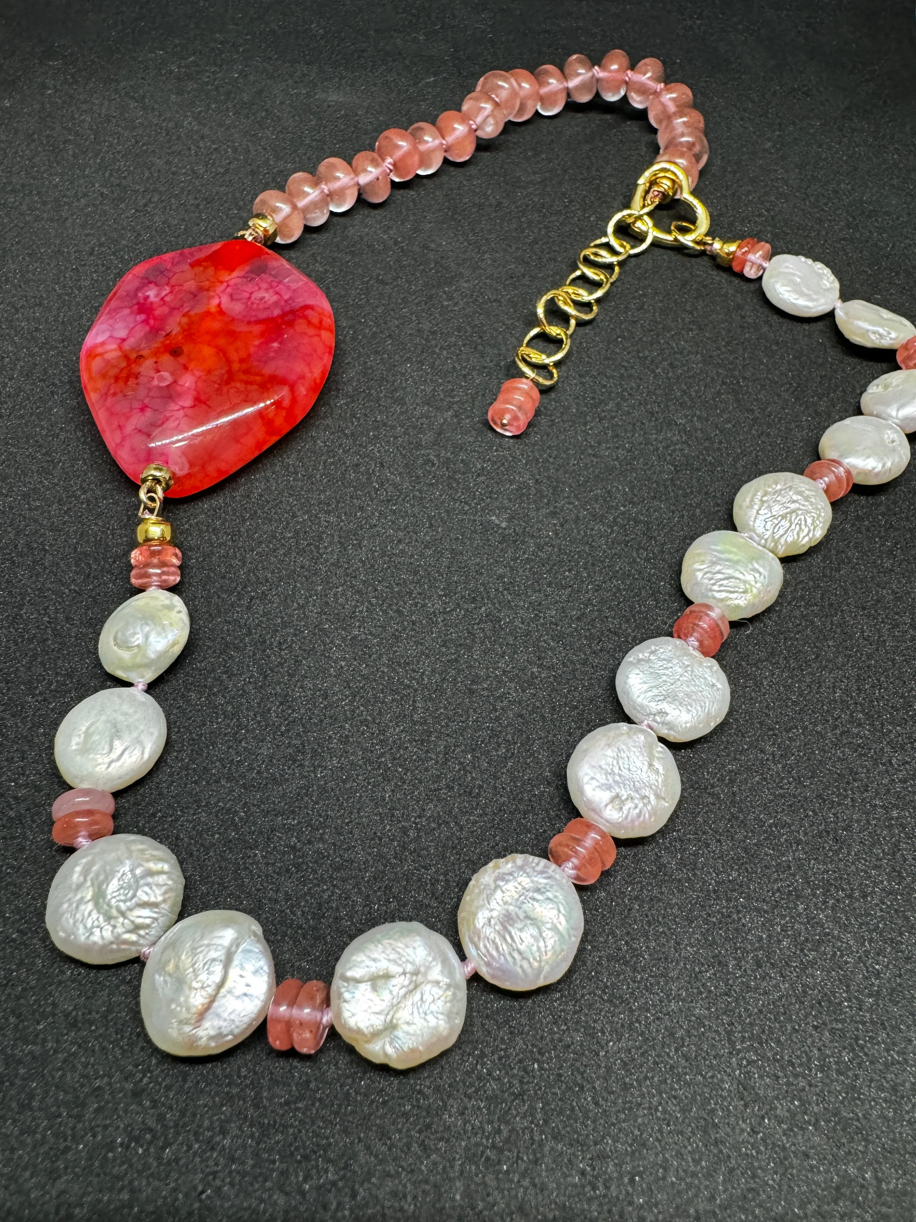 Strawberry Quartz & Coin Pearl Statement Necklace
