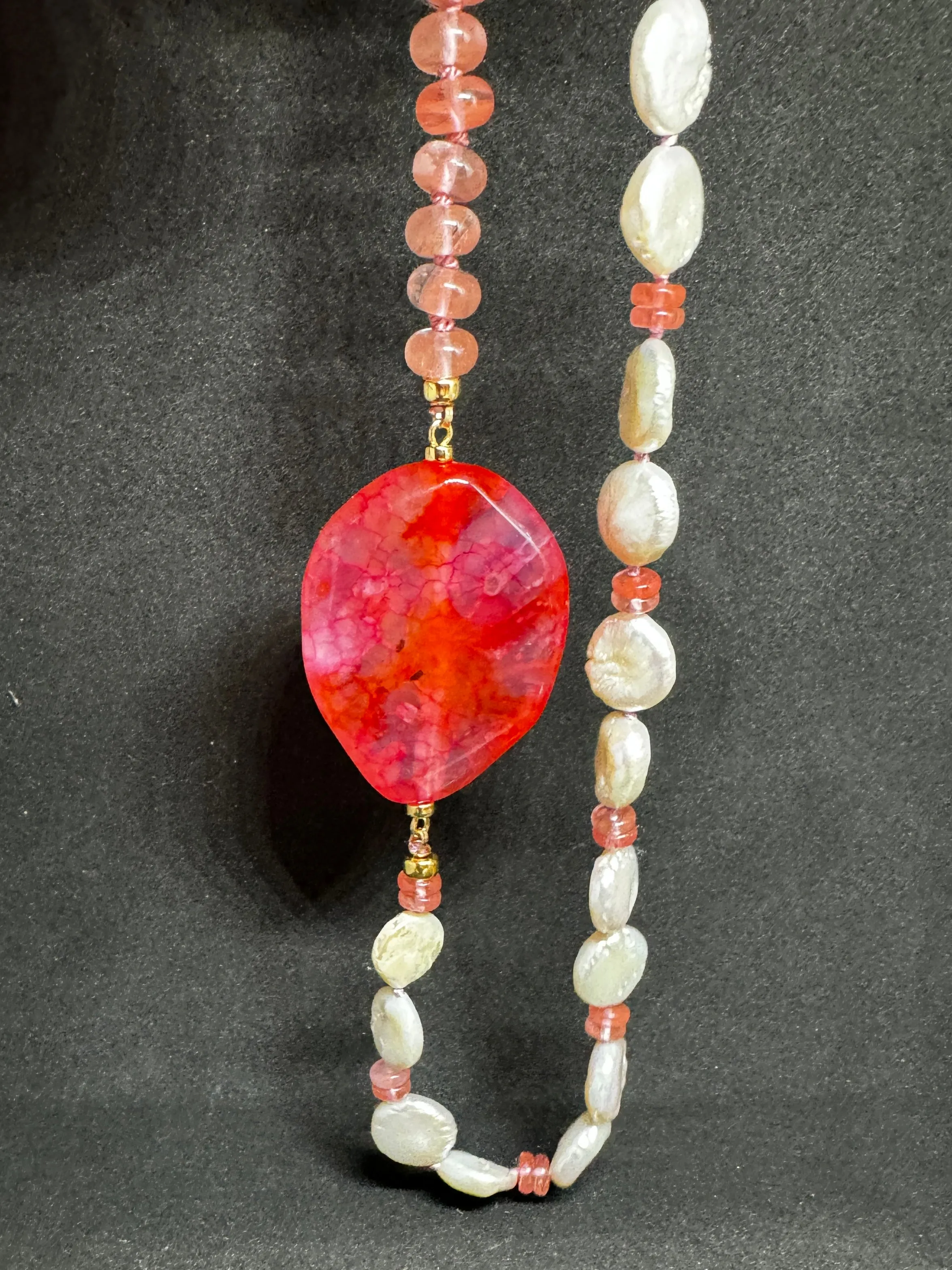 Strawberry Quartz & Coin Pearl Statement Necklace